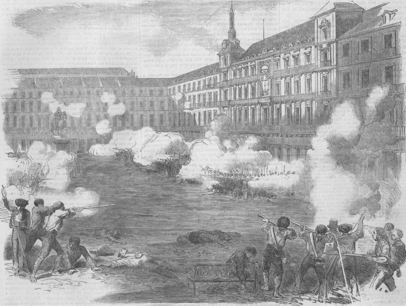 Associate Product SPAIN. insurrection, Madrid, -Conflict, Plaza Mayor, antique print, 1854
