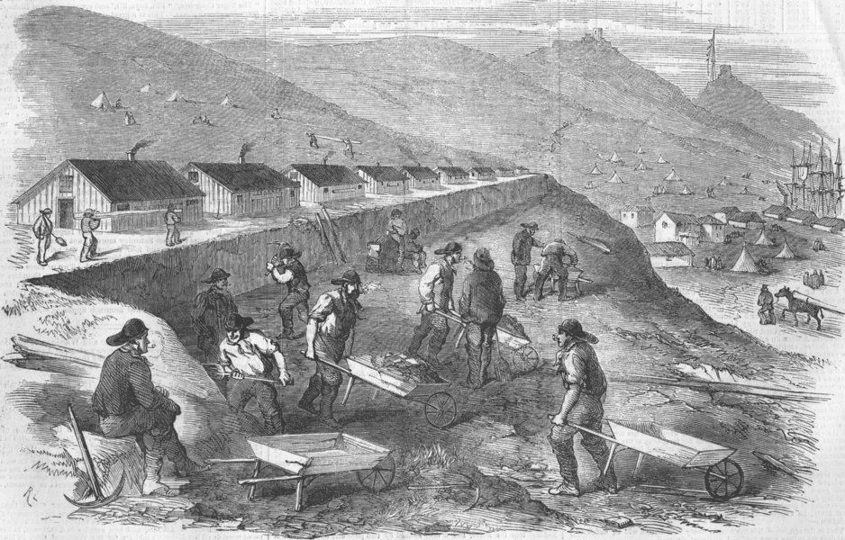 Associate Product UKRAINE. The Railway Works at Balaklava, antique print, 1855