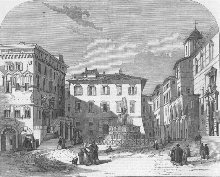 ITALY. Piazza in Perugia, antique print, 1859