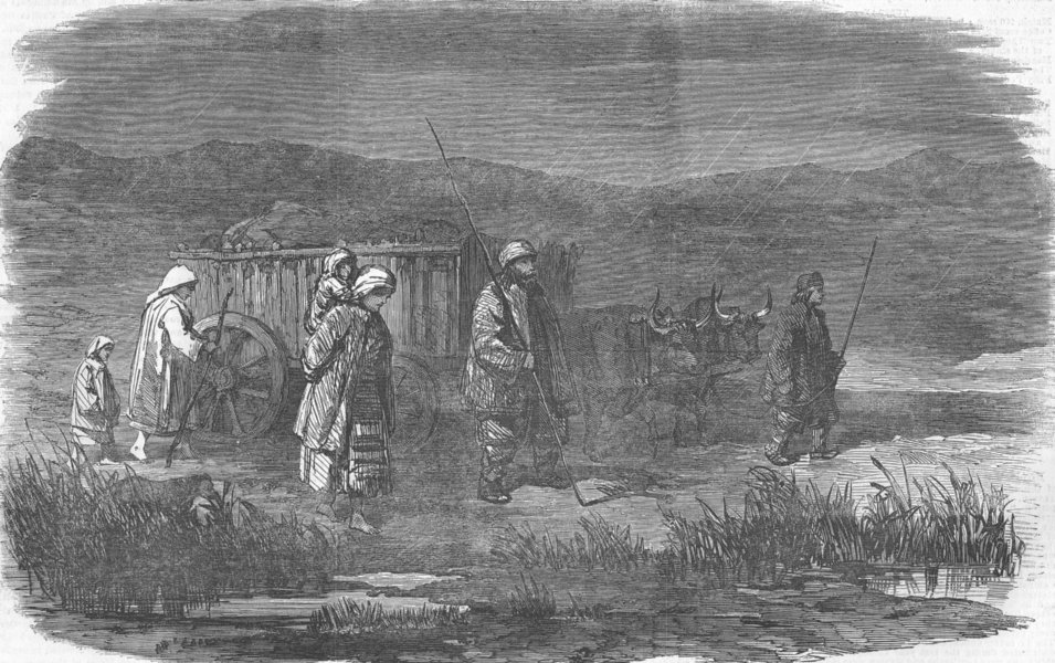Associate Product BULGARIA. War Victims-family leaving a village, antique print, 1854
