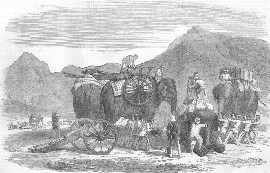 PAKISTAN. Peshawar Mountain train, line of March, antique print, 1877