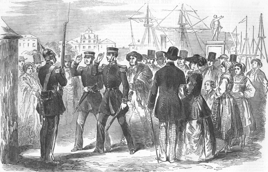 SWEDEN. Capt Hall(HMS Hecla) landing at Stockholm, antique print, 1854