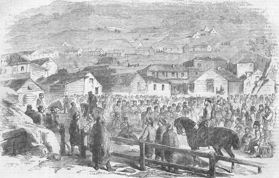 Associate Product UKRAINE. 57th Regt, Raglan-Square, Balaklava, boarding, antique print, 1856