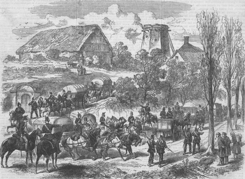 Associate Product GERMANY. Prussian Army Wagons at Saxon Frontier, antique print, 1866