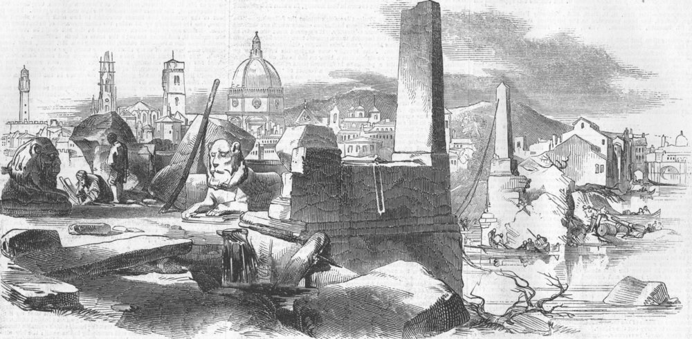 Associate Product ITALY. Florence From Ponte de Perro After floods, antique print, 1845