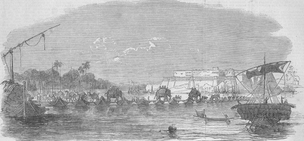 INDIA. Rail. Ft of Allahabad-Bridge of Boats, Yamuna, antique print, 1851