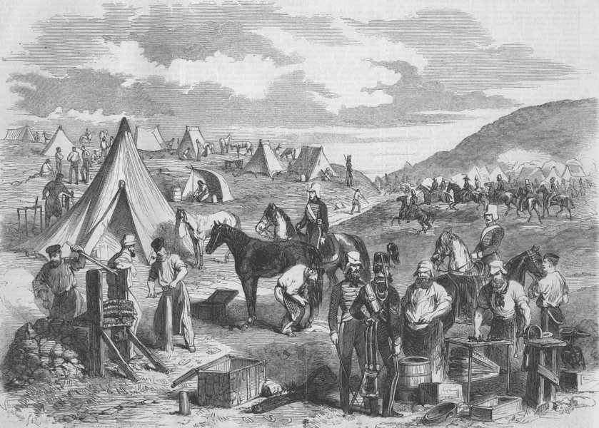 UKRAINE. The 10th Hussars' Camp in the Crimea, antique print, 1856