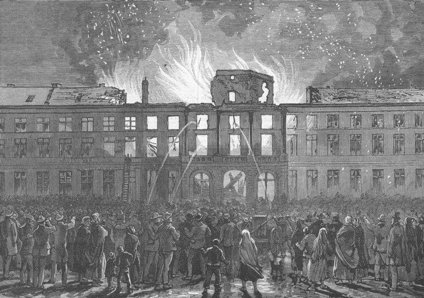 Associate Product BELGIUM. Fire at the Governor's House, Brugge, antique print, 1878