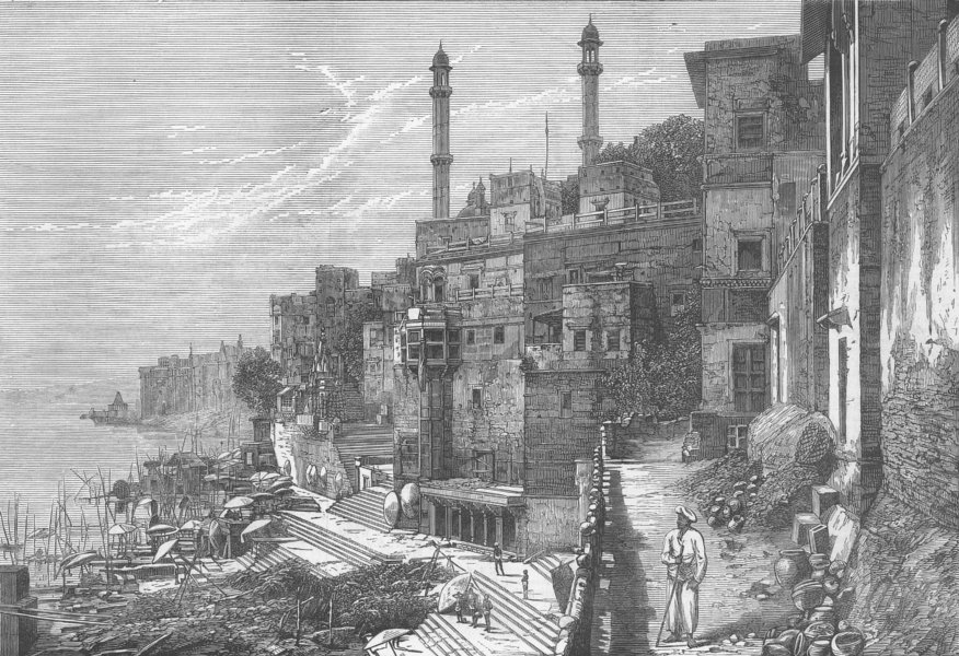 INDIA. Ghat at Varanasi, antique print, 1876