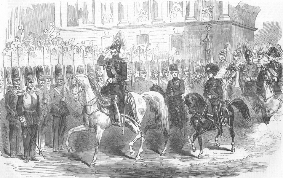 RUSSIA. Russian Tsar passing Guards, St Petersburg, antique print, 1856