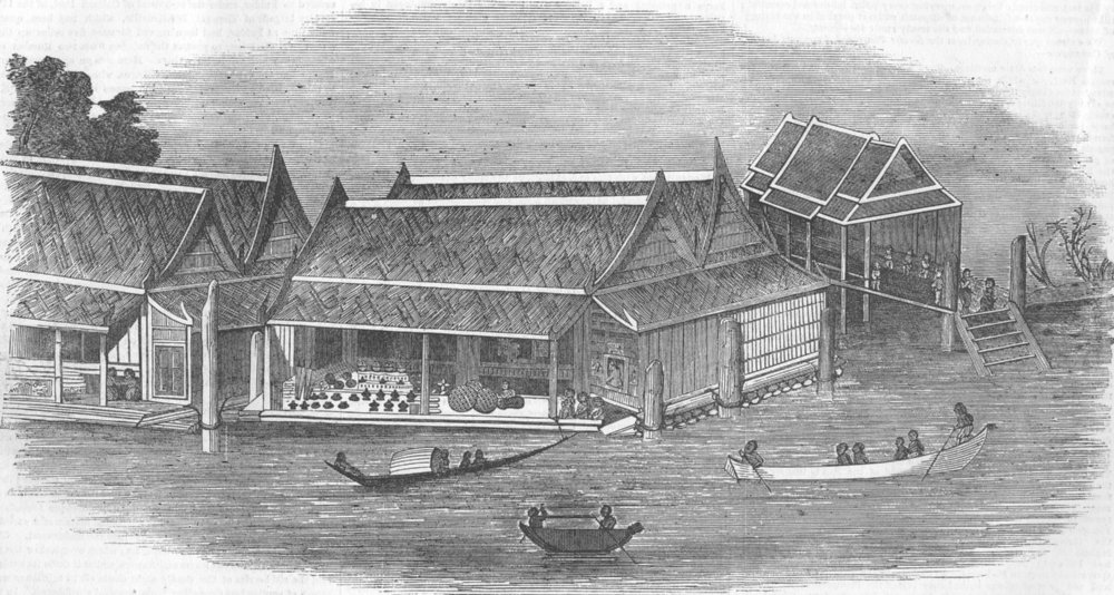 Associate Product THAILAND. Thai Floating House, on The River Menam, antique print, 1855