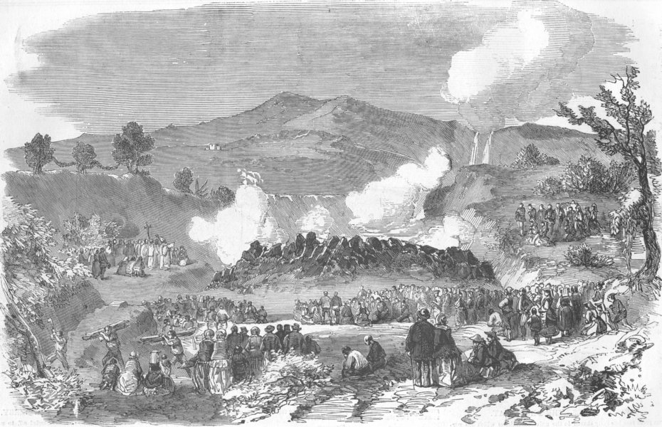 Associate Product ITALY. Vesuvius erupting-Lava in the Somma valley, antique print, 1855