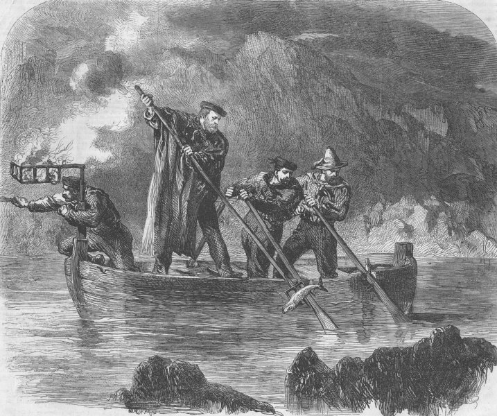 ITALY. Garibaldi spearing fish by night off Caprera, antique print, 1861