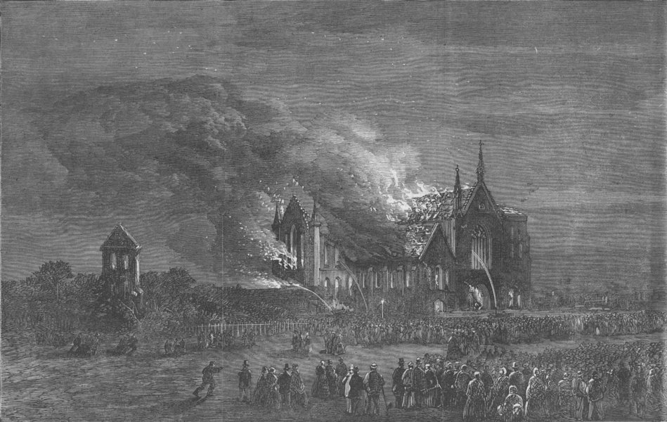 AUSTRALIA. St Mary's RC Cathedral ablaze, Sydney, antique print, 1865
