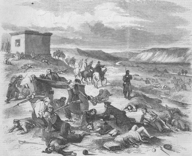 Associate Product UKRAINE. Battle of Chernaya River. Wounded troops, antique print, 1855