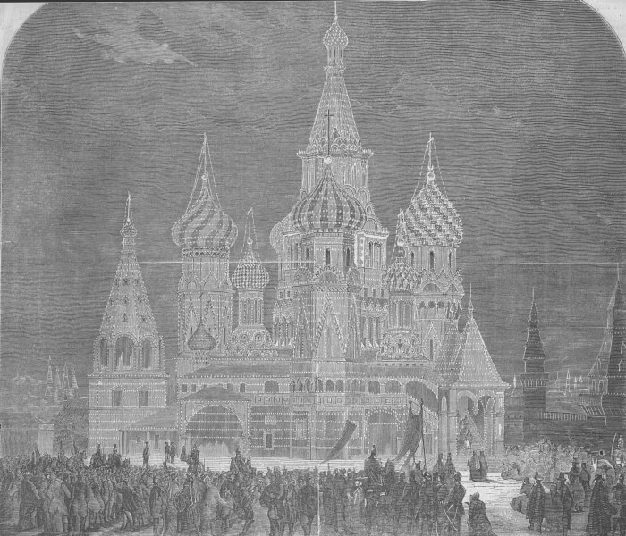 Associate Product RUSSIA. Cathedral of St Basil, Moscow, lit up, antique print, 1856