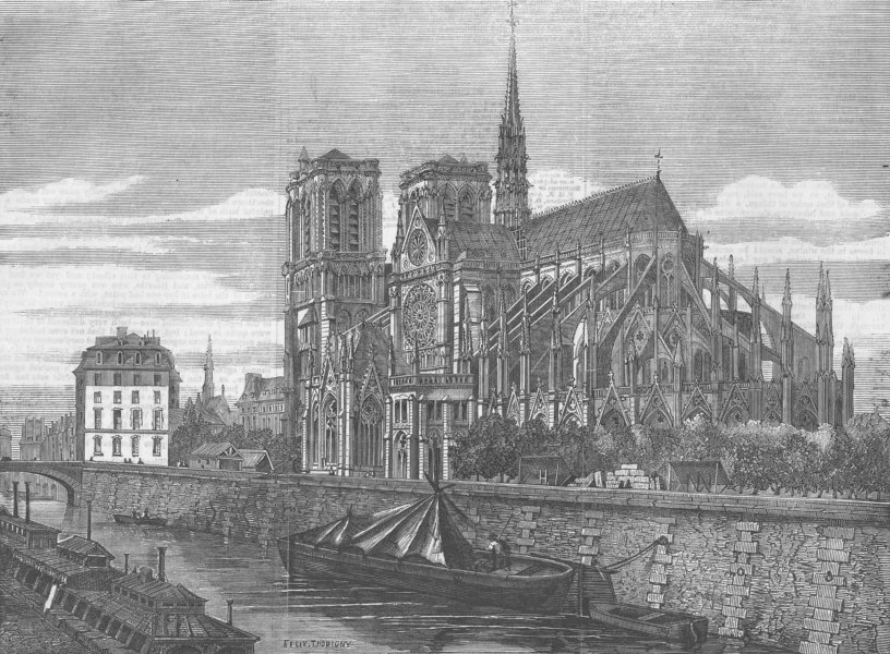 PARIS.Notre Dame restored. new spire, antique print, 1859