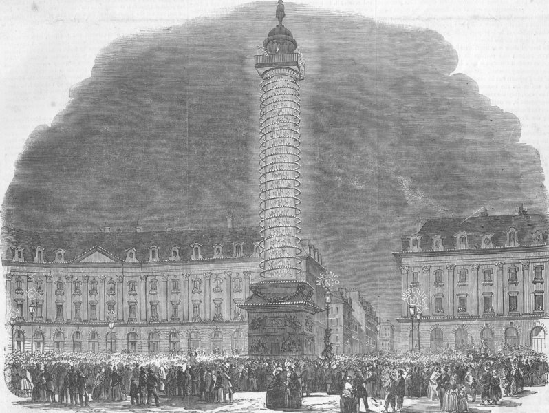 FRANCE. Column, Place Vendome, lit up, antique print, 1852