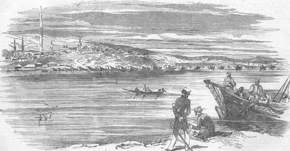 Associate Product BULGARIA. Rousse Bridge of boats, being built, antique print, 1854