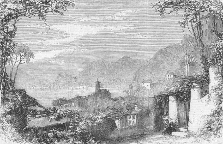 ITALY. Bellagio, from Menaggio, Lake Como, antique print, 1857