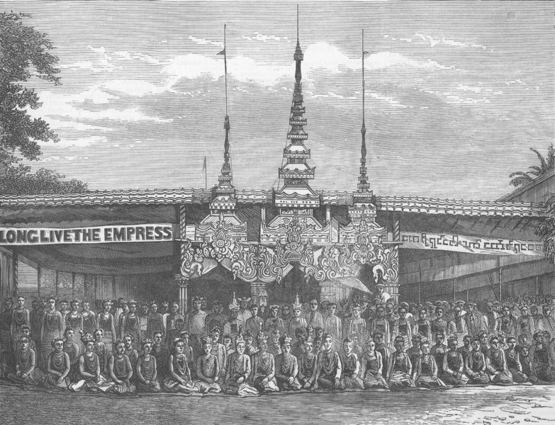 BURMA. Pavilion & Co of performers, Moulmein, antique print, 1877