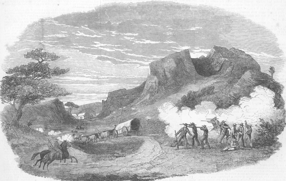 Associate Product SOUTH AFRICA. Xhosa War. Attack on wagons, Fish River, antique print, 1852