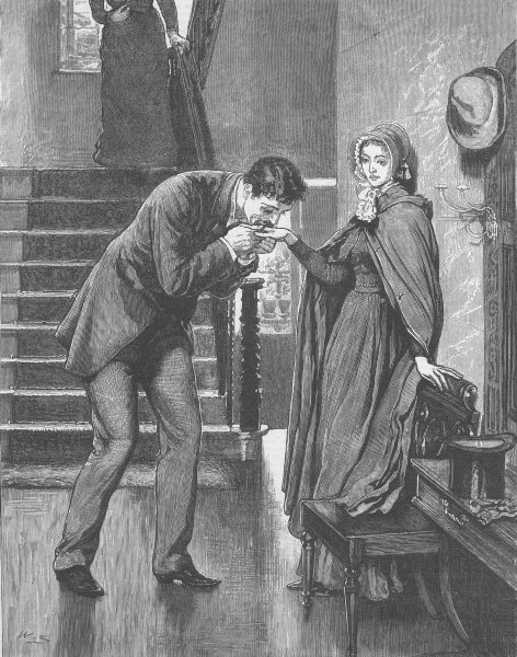 Associate Product ROMANCE. Man kissing lady on the hand, antique print, 1882