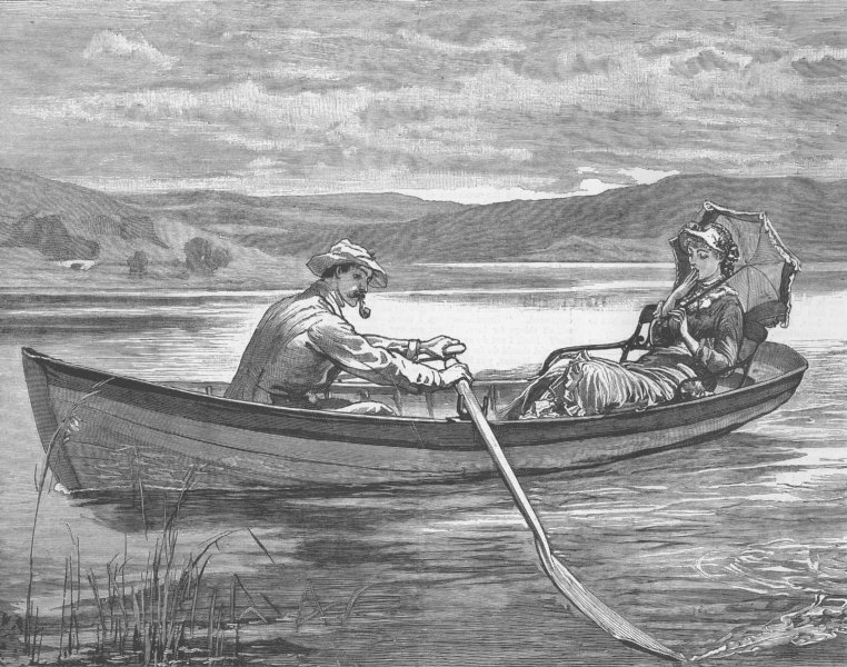 Associate Product ROMANCE. Castle Hautboy, lovers, boat, lake, antique print, 1882