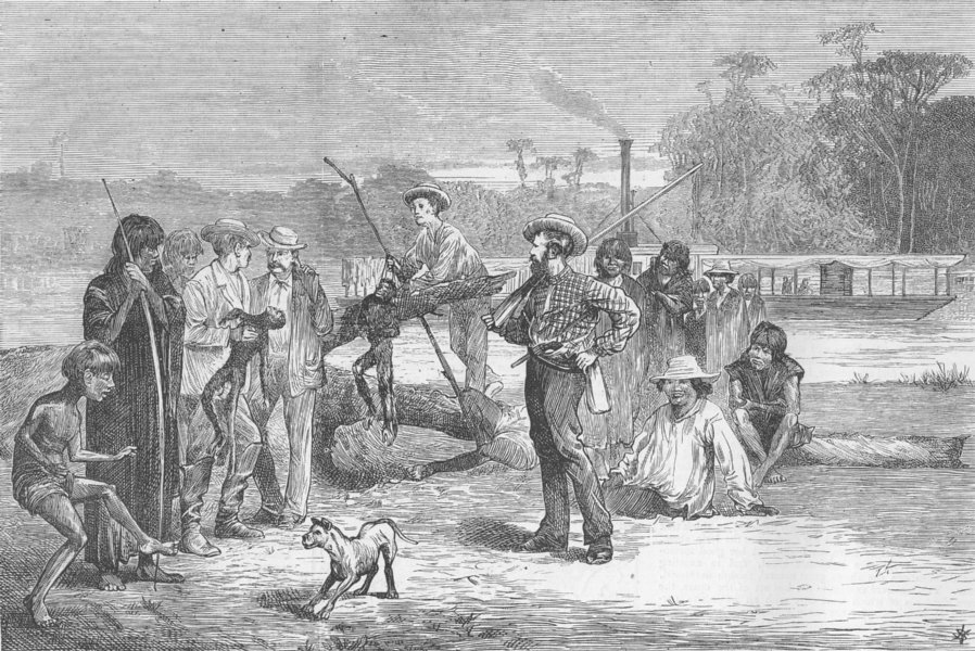 Associate Product BRAZIL. River Amazon. hunting monkeys, antique print, 1873
