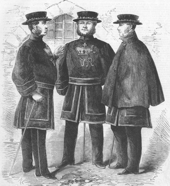 Associate Product LONDON. Yeomen of guard, Tower, their new costume, antique print, 1858