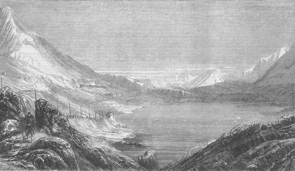 FRANCE. Lake & convent, peak of Mount Cenis, antique print, 1860