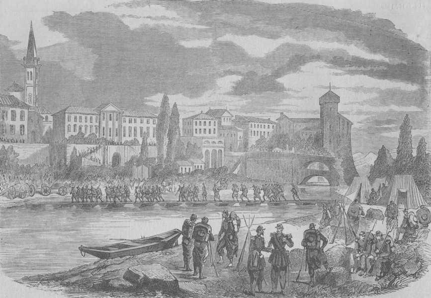 Associate Product ITALY. French troops crossing river Muzza, antique print, 1859