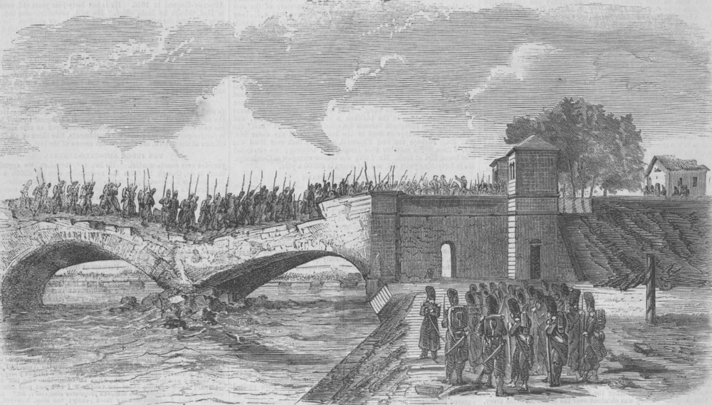 Associate Product ITALY. French troops crossing bridge of Buffalora, antique print, 1859