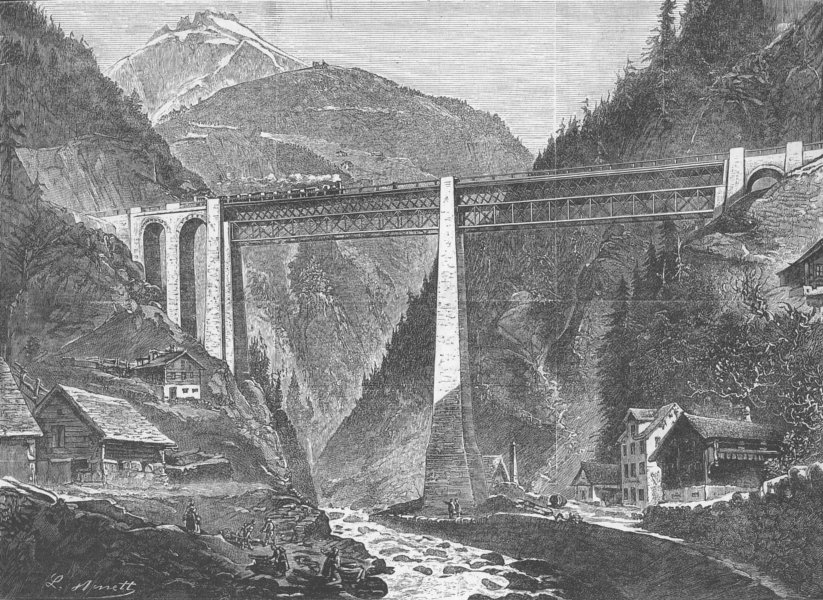 Associate Product SWITZERLAND. Maderan Valley railway viaduct, antique print, 1882