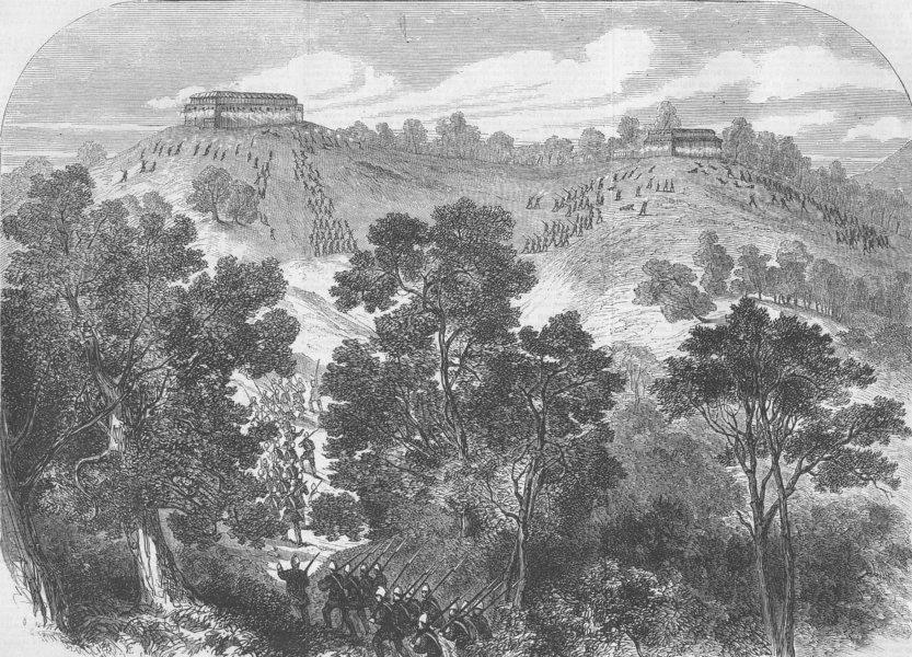 BHUTAN. Duar War. Storming the stockade of DewAngiri, antique print, 1865