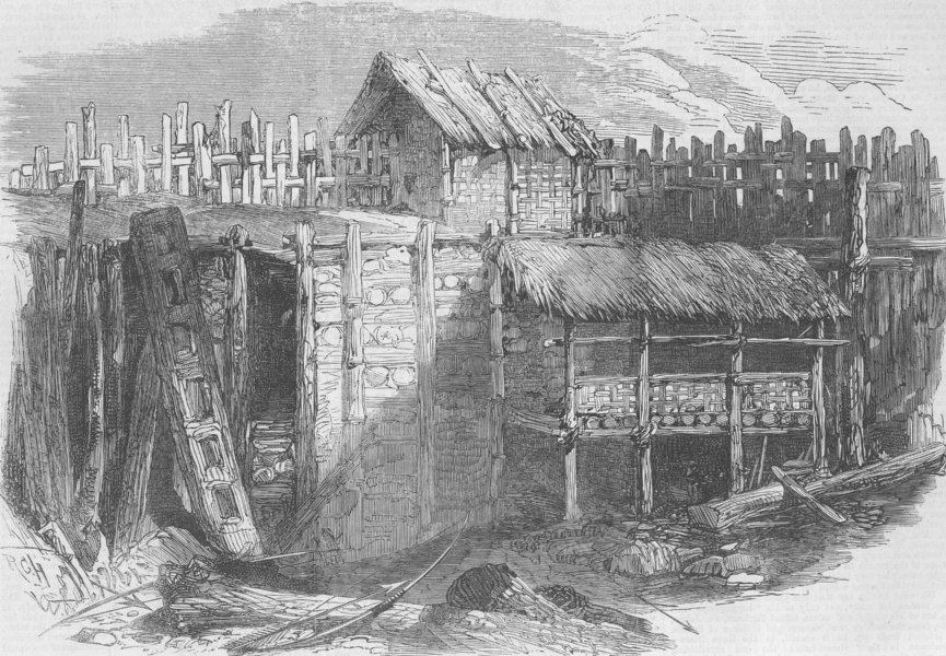 BHUTAN. Inside stockade, Bala Pass, antique print, 1865