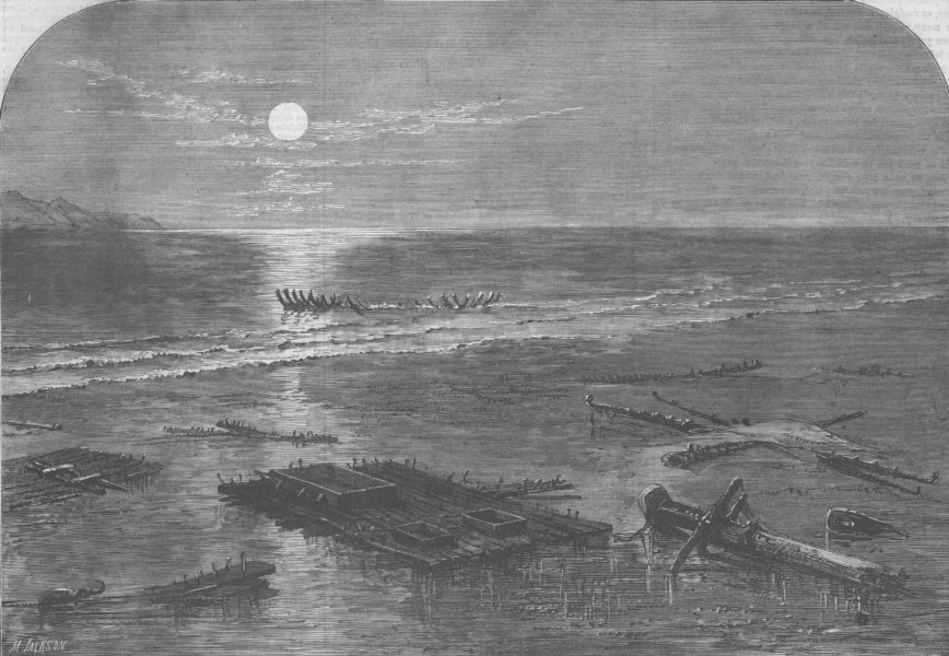 CHINA. HMS Racehorse, wrecked, Gulf of Pe-Che-Li, antique print, 1865