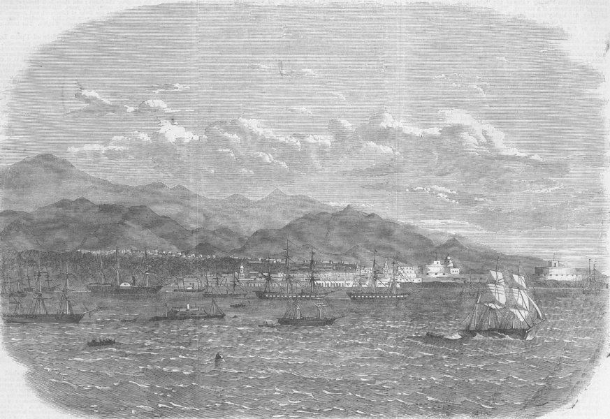 Associate Product PERU. Harbour of Callao, with Peruvian Fleet, antique print, 1865
