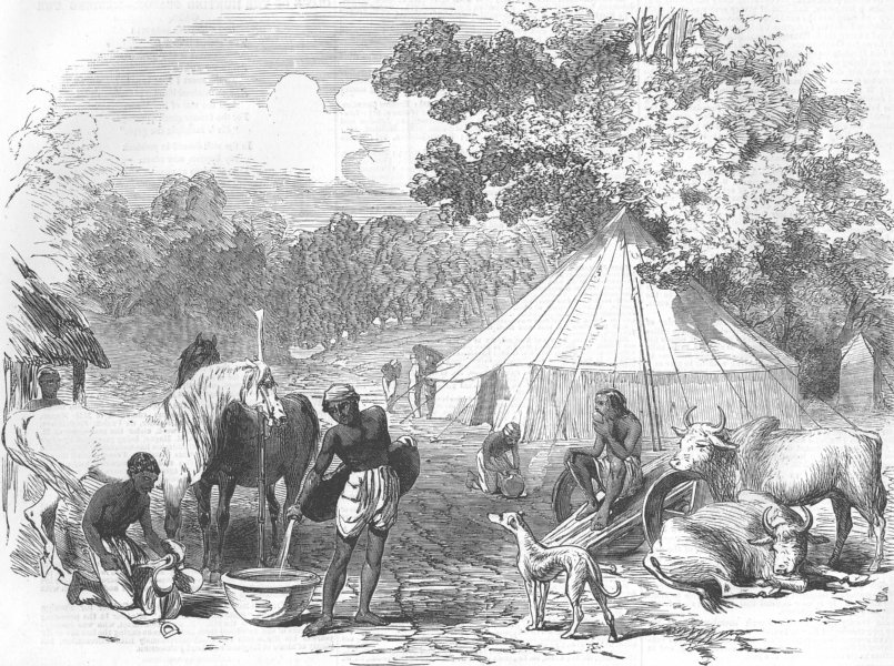 INDIA. Sketches, Indian Railway. Engineer’s camp , antique print, 1857