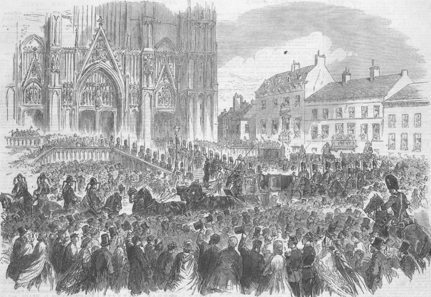 BELGIUM. King Leopold II. St Gudule church, Brussels, antique print, 1865