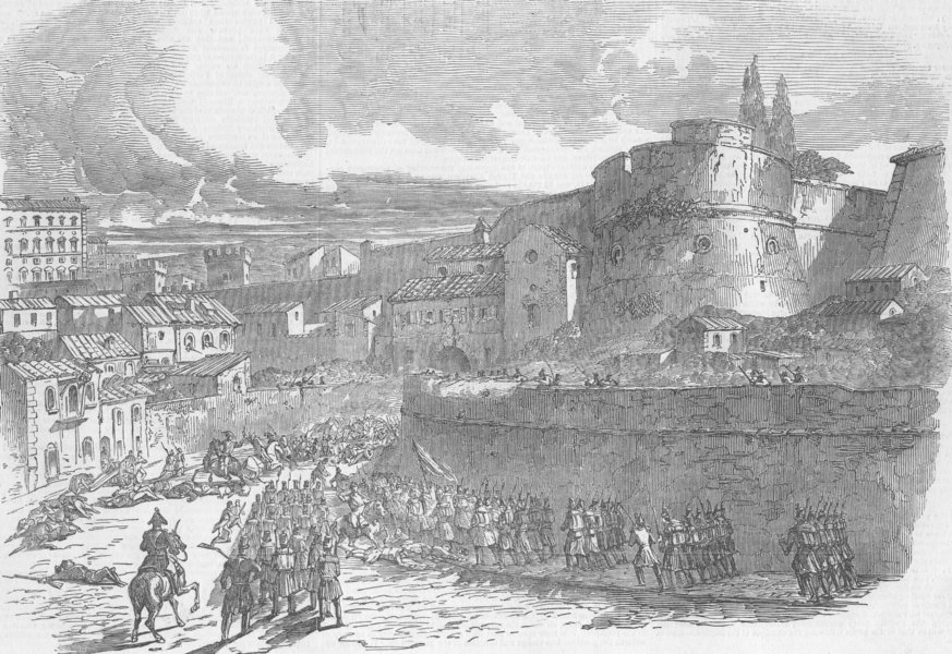 ITALY. French attack, nr Porta Cavellegiere, Rome, antique print, 1849