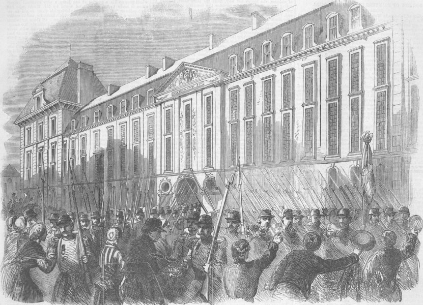 Associate Product FRANCE. Troops leaving Prince Eugene Barracks, Paris, antique print, 1859