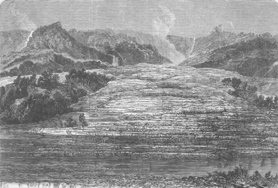 NEW ZEALAND. Te Tarata rock terrace, Lake Rotomahana, antique print, 1868