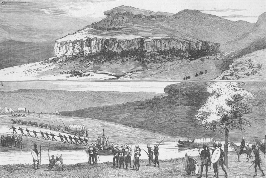 SOUTH AFRICA. Sirayo Kraal; Col Glyn, Buffalo River, antique print, 1879