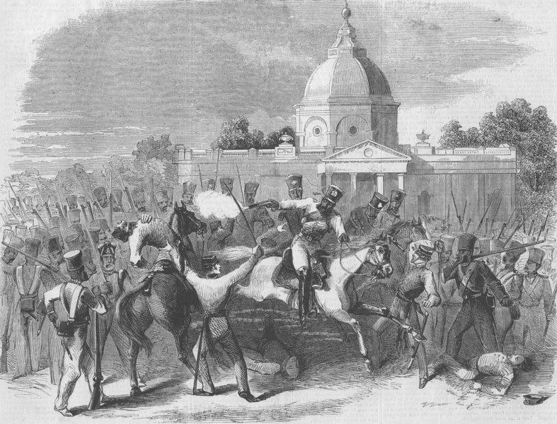 INDIA. Massacre of officers by rebel cavalry, Delhi, antique print, 1857
