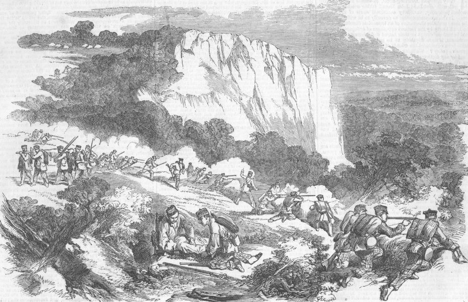 Associate Product WATERKLOOF. Attacking Macomo & Hottentot Banditti, antique print, 1852