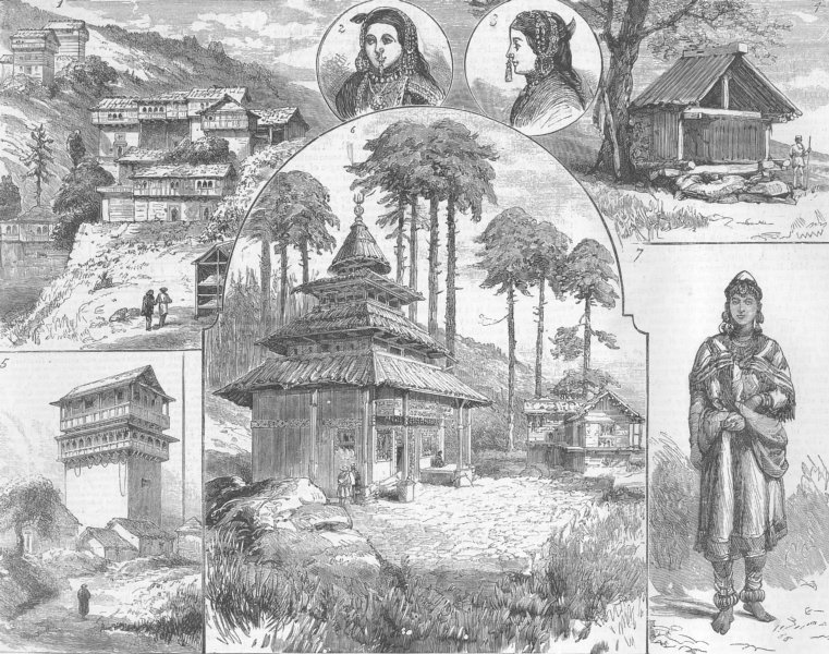 Associate Product INDIA. Kooloo village & Doongree temple, antique print, 1855