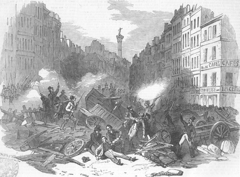 Associate Product FRANCE. Coup. Barricade of Faubourg St Antoine, antique print, 1851