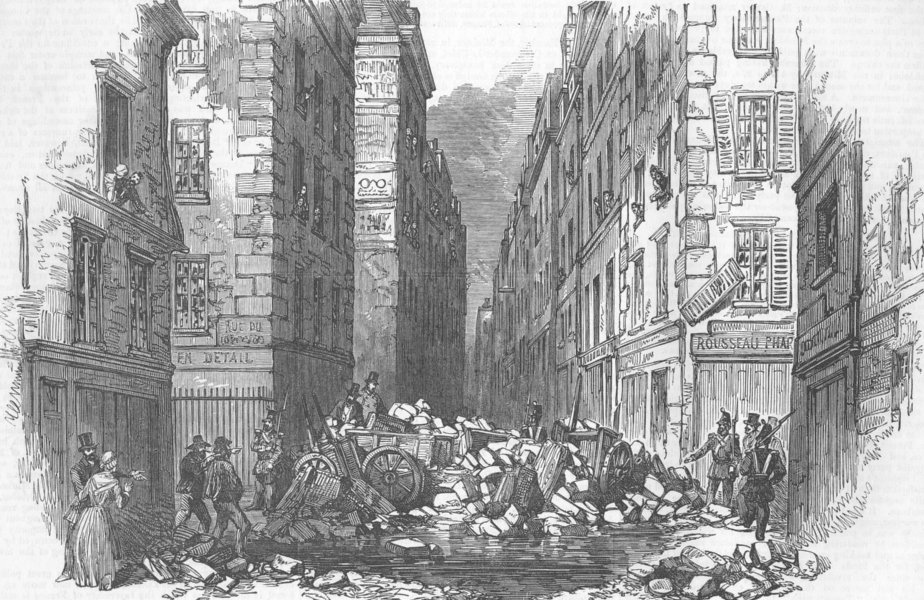 Associate Product FRANCE. Coup. Barricade, Rue de Grandes Audriettes, antique print, 1851