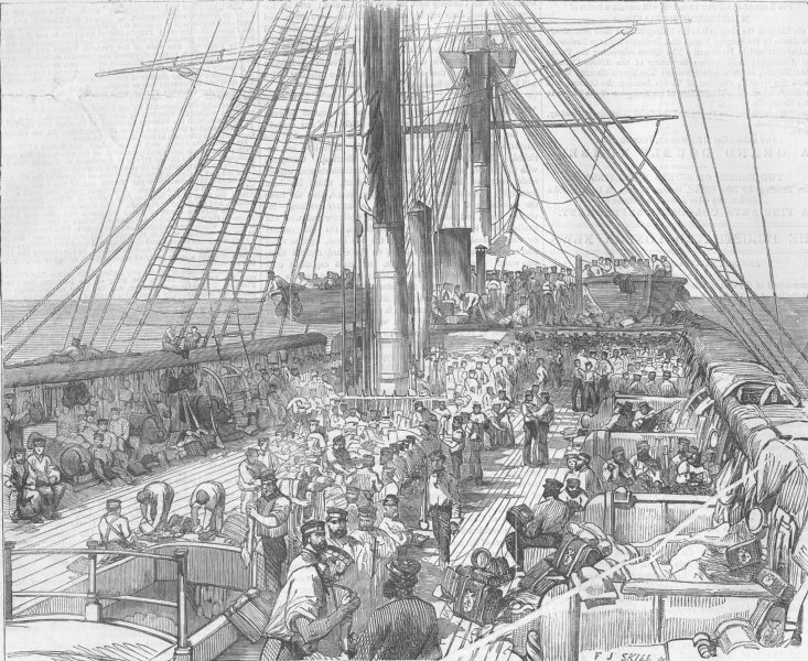 SHIPS. Guards preparing to Disembark, antique print, 1856